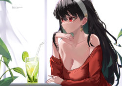 Rule 34 | 1girl, bare shoulders, black hair, breasts, chinese commentary, cleavage, closed mouth, collarbone, commentary request, cup, drinking glass, drinking straw, earrings, elbow rest, english text, expressionless, food, from side, fruit, gold earrings, hair between eyes, hair down, hairband, head rest, highres, ice, ice cube, jewelry, large breasts, leaf, lime (fruit), lime slice, long hair, looking ahead, mixed-language commentary, mumu mago, off-shoulder sweater, off shoulder, partial commentary, red eyes, sitting, solo, spy x family, sweater, table, twitter username, upper body, white hairband, yor briar