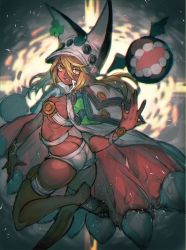 Rule 34 | 1girl, ass, barefoot, belt bra, blonde hair, breasts, butt crack, cape, dark-skinned female, dark skin, foot wraps, guilty gear, guilty gear xrd, hat, looking at viewer, medium breasts, ramlethal valentine, revealing clothes, solo, twisted torso, underboob, yellow eyes, yohane shimizu