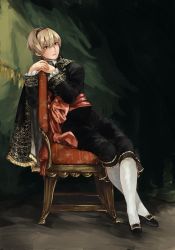 Rule 34 | 1boy, absurdres, ai-wa, black cape, black footwear, black jacket, black pants, blonde hair, cape, chair, closed mouth, crossed legs, curtains, cushion, embroidery, fire emblem, fire emblem fates, formal, fringe trim, full body, gold trim, hairband, hands up, highres, jacket, kneehighs, lace-trimmed sleeves, lace trim, leaning to the side, leo (fire emblem), long sleeves, looking away, looking to the side, male focus, nintendo, own hands together, pants, sash, shoes, sitting, sitting sideways, socks, solo, white socks