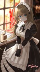 Rule 34 | 1girl, absurdres, aogiri koukou, apron, back bow, black dress, black gloves, black ribbon, blue brooch, blurry, blurry background, bow, breasts, buttons, closed mouth, dress, frilled apron, frilled dress, frills, gloves, green eyes, hair between eyes, highres, kkix25, kurikoma komaru, large breasts, light brown hair, long hair, maid, maid headdress, neck ribbon, own hands clasped, own hands together, ribbon, signature, solo, two-tone dress, virtual youtuber, white apron