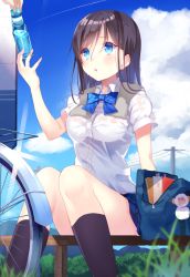 Rule 34 | 1girl, :o, bag, bag charm, bench, bicycle, black socks, blue bow, blue bowtie, blue eyes, blue skirt, blue sky, book, bookbag, bottle, bow, bowtie, bra, breasts, brown hair, charm (object), checkered clothes, checkered skirt, cloud, cloudy sky, contrail, day, dress shirt, eyebrows, glint, grass, kneehighs, knees together feet apart, large breasts, long hair, open mouth, original, out of frame, outdoors, power lines, ramune, school uniform, shirt, sitting, skirt, sky, socks, solo focus, striped bow, striped bowtie, striped clothes, striped neckwear, sweat, thighhighs, thighs, towel, underwear, water bottle, wet, wet clothes, white bra, white shirt, yuraiko
