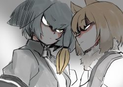 Rule 34 | 10s, 2girls, animal ears, bird wings, blonde hair, closed mouth, collared shirt, eye contact, eyebrows, eyelashes, fox ears, fox girl, fur collar, green eyes, grey hair, grey shirt, grey wings, hair between eyes, hair tie, head wings, highres, kemono friends, looking at another, low ponytail, multicolored hair, multiple girls, necktie, shirt, shoebill (kemono friends), short hair, short sleeves, side ponytail, sou (pale 1080), staring, staring contest, tibetan fox (kemono friends), two-tone hair, upper body, v-shaped eyebrows, white neckwear, wings, yellow eyes