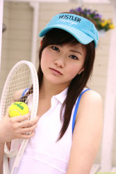 Rule 34 | ball, blouse, highres, photo (medium), racket, seo akiko, shirt, sleeveless, solo, tennis ball, tennis racket, visor