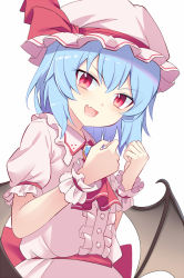 Rule 34 | 1girl, :d, ascot, bat wings, blue hair, blush, bow, buttons, center frills, commentary request, dress, e.o., eyelashes, fang, frilled shirt collar, frills, hat, hat bow, hat ribbon, highres, light blue hair, mob cap, open mouth, pink dress, pink hat, puffy short sleeves, puffy sleeves, red ascot, red bow, red eyes, remilia scarlet, ribbon, short hair, short sleeves, simple background, skin fang, smile, solo, standing, touhou, upper body, v-shaped eyebrows, white background, wings, wrist cuffs