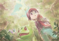 Rule 34 | 1990s (style), 1boy, baseball cap, black hair, bulbasaur, child, creatures (company), forest, game freak, gen 1 pokemon, grass, hat, nature, nintendo, open mouth, perspective, pidgey, pokemon, pokemon (creature), pokemon rgby, red (pokemon), red eyes, retro artstyle, san (tinami), tinami