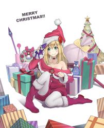 Rule 34 | 1girl, bad id, bad pixiv id, bare shoulders, blonde hair, blush stickers, boots, box, breasts, character doll, christmas, christmas tree, cleavage, collar, dark magician, dark magician girl, duel monster, full body, fur-trimmed boots, fur trim, gift, gift bag, gift box, green eyes, hat, highres, kamameshi gougoumaru, knee boots, long hair, merry christmas, pantyhose, pantyhose under shorts, pentagram, red footwear, santa boots, santa costume, shorts, sitting, smile, solo, staff, white pantyhose, wizard hat, yu-gi-oh!