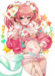 Rule 34 | 1girl, :d, absurdres, bare shoulders, belt, bikini, blush, body markings, bracelet, breasts, cleavage, commentary, cowboy shot, cutoffs, earrings, fingerless gloves, floral print, flower, gloves, groin, gyaru, hair between eyes, hair flower, hair ornament, hand on own hip, hand up, heart, heart earrings, highleg, highleg bikini, highres, idolmaster, idolmaster cinderella girls, idolmaster cinderella girls starlight stage, jacket, jewelry, jougasaki mika, large breasts, long hair, looking at viewer, midriff, multi-strapped bikini, musical note, navel, o-ring, o-ring bikini, off shoulder, official alternate costume, open mouth, pink belt, pink hair, pink jacket, pink shorts, short shorts, shorts, sidelocks, simple background, smile, solo, sparkle, standing, star (symbol), swimsuit, sylph kim, teeth, thigh strap, twintails, upper teeth only, white background, white bikini, white gloves, yellow eyes