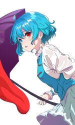 Rule 34 | 1girl, ahoge, blue eyes, blue hair, blue skirt, blue vest, chinese commentary, commentary request, cross-laced clothes, heterochromia, highres, holding, holding umbrella, kagurachiriri, long sleeves, looking at viewer, open mouth, purple umbrella, red eyes, shirt, short hair, simple background, skirt, solo, tatara kogasa, tongue, touhou, umbrella, vest, white background, white shirt