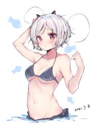 Rule 34 | 1girl, bare arms, bare shoulders, bikini, black bikini, black horns, blush, chinese commentary, collarbone, commentary request, dated, hair strand, hands up, highres, horns, looking at viewer, mowang liangnai, navel, original, partially submerged, red eyes, short hair, simple background, solo, stomach, swimsuit, upper body, white hair