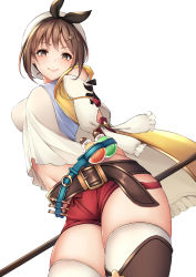 Rule 34 | 1girl, arms behind back, atelier (series), atelier ryza, atelier ryza 1, belt, brown eyes, brown hair, brown thighhighs, closed mouth, from below, hair ornament, hairclip, hat, highres, holding, holding staff, looking at viewer, midriff, navel, red shorts, reisalin stout, short hair, short shorts, shorts, simple background, smile, solo, staff, thighhighs, thighs, white background, white hat, white thighhighs, ym (distance819)