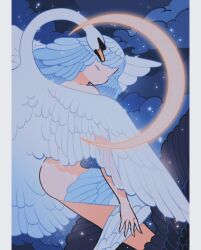 Rule 34 | 1girl, bare legs, bare shoulders, bird, bird girl, bird wings, black feathers, blue clouds, closed eyes, cloud, crescent moon, feather hair, feathered wings, feathers, highres, meyoco, moon, night, night sky, original, single sock, sky, socks, swan, white bird, white feathers, white hair, wings