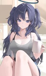 Rule 34 | 1girl, :/, absurdres, alternate costume, bare shoulders, black camisole, blue archive, breasts, camisole, coffee mug, cup, hair between eyes, halo, highres, holding, holding cup, indoors, knees up, large breasts, light blush, long hair, looking at viewer, mug, purple eyes, purple hair, see-through, sitting, solo, two side up, very long hair, yo owl, yuuka (blue archive)