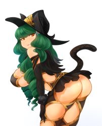 Rule 34 | 1girl, arceonn, argyle, argyle clothes, argyle cutout, argyle legwear, ass, bare shoulders, breasts, clothing cutout, elbow gloves, female focus, fiore brunelli, gloves, green hair, hat, highres, huge ass, large breasts, long hair, looking at viewer, orange eyes, revealing clothes, shiny skin, sideboob, smile, solo, star ocean, star ocean integrity and faithlessness, tail, thighhighs, wings
