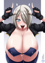 Rule 34 | 1girl, angel (kof), black gloves, blue eyes, blue thighhighs, border, breasts, cleavage, collarbone, covered erect nipples, cowboy shot, crop top, cropped jacket, curvy, fangs, fingerless gloves, gloves, gluteal fold, grey background, hair over one eye, highres, huge breasts, leaning forward, looking at viewer, open mouth, short hair, short shorts, shorts, silver hair, simple background, solo, takilmar, teeth, the king of fighters, thick thighs, thigh gap, thighhighs, thighs, tongue, tongue out, white border, wide hips