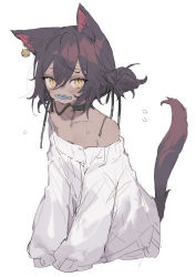 Rule 34 | 1girl, animal, animal ear fluff, animal ears, bad id, bad twitter id, bare shoulders, bell, black choker, blush, brown hair, cat ears, cat girl, cat tail, choker, dark-skinned female, dark skin, dorainatto, ear ornament, fish, fish in mouth, flying sweatdrops, hair bell, hair bun, hair ornament, highres, holding, holding animal, holding fish, jingle bell, long sleeves, looking at viewer, mouth hold, off-shoulder sweater, off shoulder, original, simple background, single hair bun, slit pupils, solo, sweater, tail, white background, white sweater, yellow eyes