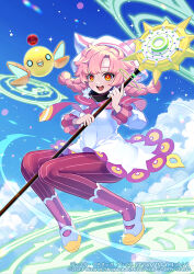 Rule 34 | 1girl, animal ear headwear, animal ears, blue sky, blush, braid, cotton izanai&#039;s prophecy, duel masters, ekusiun, fake animal ears, floating, full body, holding, holding staff, long sleeves, magic circle, mary janes, necktie, non-humanoid robot, official art, open mouth, orange eyes, pantyhose, pink hair, pink necktie, robot, robot animal, sailor collar, shirt, shoes, sky, solo, staff, striped clothes, striped pantyhose, teeth, twin braids, upper teeth only, vertical-striped clothes, vertical-striped pantyhose, white footwear, white headwear, white shirt