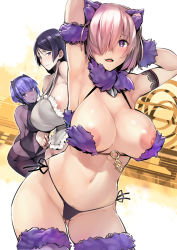 Rule 34 | 3girls, animal costume, animal ears, apron, areola slip, armpits, arms behind head, arms up, bare shoulders, black hair, black panties, blush, breasts, collarbone, dark-skinned female, dark skin, fate/grand order, fate/prototype, fate/prototype: fragments of blue and silver, fate (series), female pubic hair, fur-trimmed gloves, fur-trimmed legwear, fur trim, gloves, gluteal fold, groin, hairband, hassan of serenity (fate), huge breasts, kurowa, large breasts, looking at viewer, mash kyrielight, mash kyrielight (dangerous beast), minamoto no raikou (fate), multiple girls, navel, nipple slip, nipples, official alternate costume, panties, pink hair, pubic hair, pubic hair peek, purple eyes, purple hair, revealing clothes, short hair, side-tie panties, smile, underwear, wolf costume, wolf ears