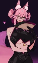 Rule 34 | absurdres, animal ear fluff, animal ears, black gloves, bow, breasts, center opening, china dress, chinese clothes, double bun, dress, ennuigrl, fate/grand order, fate (series), folding fan, fox ears, glasses, gloves, hair between eyes, hair bow, hair bun, hair ornament, hand fan, highres, koyanskaya (chinese lostbelt outfit) (fate), koyanskaya (fate), large breasts, looking at viewer, pink hair, simple background, sleeveless, sleeveless dress, solo, tamamo (fate), yellow eyes
