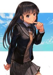 Rule 34 | 1girl, amagami, arm behind back, ayatsuji tsukasa, black hair, blue sky, blush, brown eyes, brown sweater, cloud, finger to mouth, hungry clicker, jacket, letterboxed, long hair, looking at viewer, necktie, pleated skirt, school uniform, shirt, skirt, sky, smile, solo, sweater, white shirt
