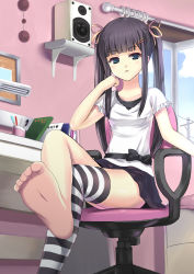 Rule 34 | 1girl, absurdres, bad id, bad pixiv id, barefoot, black hair, blue eyes, blush, bow, crossed legs, cup, curtains, feet, foot focus, hair ornament, hair ribbon, hairclip, head rest, highres, indoors, koyama tomosato, long hair, md5 mismatch, open mouth, original, pen, pencil, resolution mismatch, ribbon, sitting, skirt, soles, solo, source smaller, speaker, striped clothes, striped thighhighs, thighhighs, toe scrunch, toes, twintails, window