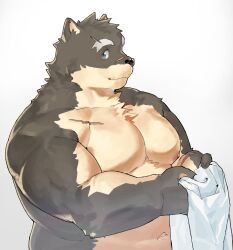 Rule 34 | 1boy, abs, aged up, alternate muscle size, animal ears, bara, belly, brown fur, dog boy, dog ears, fat, fat man, furry, furry male, gao (gao 53937056), highres, large pectorals, looking at viewer, male focus, moritaka (housamo), muscular, muscular male, nipples, nude, pectorals, scar, scar on face, short hair, sideways glance, solo, strongman waist, thick eyebrows, tokyo houkago summoners, upper body