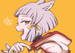 Rule 34 | 1girl, absurdres, animal ears, blunt bangs, bodysuit, cat ears, commentary request, facial mark, fangs, gloves, grey hair, hair ribbon, halftone, hand up, highres, looking at viewer, nia (xenoblade), open mouth, parody, profile, ribbon, short hair, simple background, solo, tress ribbon, ug333333, vampire (vocaloid), vocaloid, white gloves, xenoblade chronicles (series), xenoblade chronicles 2, yellow background, yellow bodysuit, yellow eyes, yellow ribbon