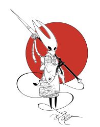 Rule 34 | 1girl, absurdres, bug, flag, flag background, flower, highres, hollow eyes, hollow knight, hornet (hollow knight), japanese clothes, japanese flag, kimono, lvl225, needle (hollow knight), polearm, signature, solo, spear, standing, weapon