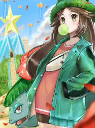 Rule 34 | 1girl, balloon, black shorts, blue sky, brown eyes, brown hair, blowing bubbles, chewing gum, cloud, creatures (company), day, fangs, game freak, gen 1 pokemon, gradient eyes, green headwear, green jacket, hair flaps, hand in pocket, jacket, leaf (pokemon), leaf (sygna suit) (pokemon), long hair, multicolored eyes, nintendo, open clothes, open jacket, pink shirt, pokemon, pokemon masters ex, red eyes, setta shu, shirt, shorts, sky, stairs, star (symbol), venusaur