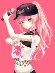 Rule 34 | 1girl, \n/, breasts, chain, closed mouth, commentary, crop top, double \n/, gold chain, hair through headwear, hands up, hat, highres, holding, holding microphone, hololive, hololive english, jewelry, long hair, looking at viewer, microphone, midriff, mori calliope, mori calliope (streetwear), navel, necklace, official alternate costume, pink background, pink hair, ponytail, red eyes, shands, simple background, skull and crossbones, skull print, solo, strap slip, upper body, virtual youtuber