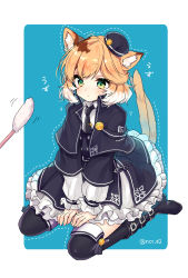 Rule 34 | 1girl, animal ear fluff, animal ears, arknights, black capelet, black footwear, black hat, black necktie, black skirt, black thighhighs, black vest, blonde hair, blue background, blush, boots, capelet, cat ears, cat girl, cat tail, cat teaser, closed mouth, collared shirt, commentary request, frilled skirt, frills, green eyes, hat, mini hat, mousse (arknights), multicolored hair, multiple tails, nachiru, necktie, shirt, sitting, skirt, solo, tail, thighhighs, thighhighs under boots, tilted headwear, trembling, twitter username, two-tone background, two-tone hair, two tails, vest, wariza, white background, white hair, white shirt