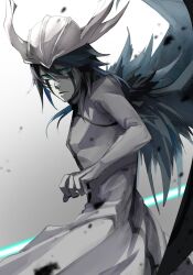 Rule 34 | 1boy, bleach, commentary request, demon boy, green eyes, green hair, helmet, highres, hishui prpr, holding, holding polearm, holding weapon, looking at viewer, male focus, pale skin, polearm, short hair, simple background, solo, ulquiorra cifer, weapon, wings
