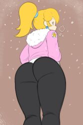 Rule 34 | ass, ass focus, blonde hair, blue earrings, borrowed design, coat, earrings, highres, huge ass, jewelry, leggings, mario (series), nintendo, pants, pink coat, ponytail, princess peach, sketch, super mario bros. 1, tight clothes, tight pants, tobias leviathan, winter clothes, yoga pants