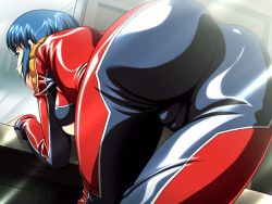 Rule 34 | ass, bent over, biker clothes, bikesuit, blue hair, bodysuit, breasts, cameltoe, from behind, hip focus, leaning, presenting, reversible, skin tight, sugihara shizuno, thighs, underboob, wide hips