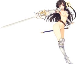 Rule 34 | 1girl, absurdres, armor, armored boots, black hair, boots, breasts, full body, highres, koikishi purely kiss, long hair, nipples, no bra, no panties, red eyes, shidou mana, simple background, smile, solo, sword, weapon, white background, yuuki hagure
