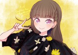 Rule 34 | 1girl, black shirt, blunt bangs, blush, braid, brown hair, closed mouth, commentary request, dated, flower, highres, kachimachi kosuzu, link! like! love live!, long hair, looking at viewer, love live!, pink eyes, seiha (hnumkt), shirt, short sleeves, side braids, smile, solo, split mouth, straight hair, translation request, upper body, v, yellow background, yellow flower