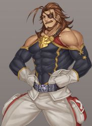 Rule 34 | 1boy, bara, bare shoulders, beard, brown eyes, brown hair, bulge, covered abs, covered navel, detached sleeves, energy camdy, eugen (granblue fantasy), eyepatch, facial hair, granblue fantasy, highres, male focus, mature male, medium hair, muscular, muscular male, mustache, pants, pectorals, sideburns, sidepec, solo, white pants
