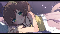 Rule 34 | 1girl, ahoge, bare arms, bare shoulders, blurry, blurry background, blurry foreground, blush, brown hair, camisole, closed mouth, commentary request, depth of field, green eyes, hair ornament, hair scrunchie, highres, hololive, letterboxed, long hair, looking at viewer, natsuiro matsuri, okota mikan, scrunchie, side ponytail, sketch, solo, under covers, virtual youtuber, yellow camisole, yellow scrunchie