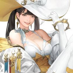 Rule 34 | bare shoulders, black eyes, black hair, bracelet, breasts, brown hat, collarbone, corset, daeho cha, earrings, elbow gloves, gloves, hat, highres, jacket, jewelry, large breasts, long sleeves, looking at viewer, original, parted lips, realistic, simple background, smile, solo, teeth, thighhighs, twintails, two-sided fabric, white background, white hat, white jacket, white thighhighs, witch hat