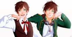 Rule 34 | 2boys, :d, axis powers hetalia, brown hair, cigarette, closed mouth, dress shirt, green eyes, grin, headphones, highres, jacket, long sleeves, looking at another, male focus, multiple boys, open clothes, open jacket, open mouth, ponytail, portugal (hetalia), shirt, short hair, simple background, smile, spain (hetalia), swept bangs, trombonelove, upper body, waistcoat, white background, white shirt