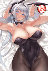 Rule 34 | 1girl, bare shoulders, black leotard, blue eyes, blush, bow, bowtie, breasts, brown pantyhose, cle masahiro, cleavage, covered navel, detached collar, grey hair, high ponytail, highleg, highleg leotard, highres, large breasts, leotard, long hair, looking at viewer, original, pantyhose, playboy bunny, rabbit pose, thighs, wrist cuffs