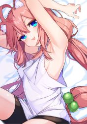 Rule 34 | 1girl, ahoge, animal ear fluff, animal ears, armpits, arms up, bad id, bad twitter id, bike shorts, black shorts, blue eyes, breasts, cat ears, girusyu1945, hair bobbles, hair ornament, highres, hinata channel, long hair, low twintails, lying, nekomiya hinata, on side, open mouth, pink hair, shorts, sideboob, small breasts, smile, solo, tank top, thighs, twintails, very long hair, virtual youtuber, white tank top