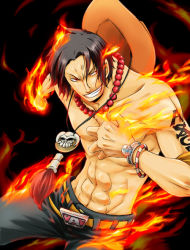 Rule 34 | 1boy, abs, beads, belt, black background, black hair, bracelet, fire, freckles, grin, hat, izumi aki, jewelry, male focus, necklace, one piece, pants, portgas d. ace, prayer beads, red eyes, topless male, smile, solo, stampede string