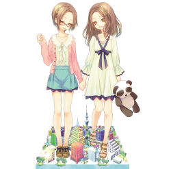 Rule 34 | 2girls, bare legs, brown eyes, brown hair, child, cityscape, dress, faux figurine, feet, giant, giantess, glasses, holding hands, legs, long hair, multiple giantesses, multiple girls, namanie, no socks, original, sandals, short hair, shorts, smile, stuffed animal, stuffed toy, toes
