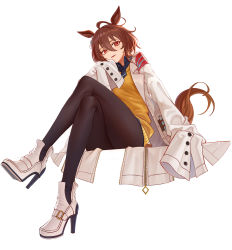 Rule 34 | 1girl, :d, absurdres, agnes tachyon (umamusume), ahoge, animal ears, black necktie, black pantyhose, brown hair, coat, crossed legs, full body, hair between eyes, high heels, highres, horse ears, horse girl, horse tail, legs, long sleeves, necktie, open clothes, open coat, open mouth, pantyhose, parted lips, red eyes, short hair, simple background, sitting, sleeves past fingers, sleeves past wrists, smile, solo, sweater, tail, test tube, umamusume, white background, white coat, white footwear, yellow sweater, z.boat