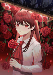 Rule 34 | 1girl, ascot, blurry, blurry background, brown hair, child, colored inner hair, commentary, expressionless, flower, highres, holding, holding flower, ib (ib), ib (kouri), long hair, long sleeves, looking at viewer, multicolored hair, picture frame, red ascot, red eyes, red flower, red hair, red rose, rose, shirt, solo, through medium, through painting, upper body, wenz, white shirt