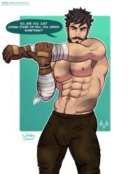 Rule 34 | 1boy, absurdres, armpit hair, armpit peek, bandaged arm, bandages, bara, beard, black eyes, black hair, brown eyes, brown pants, bulge, chest hair, dirty, dirty face, english text, facial hair, genshin impact, hairy, highres, large bulge, leather, leather pants, looking to the side, male focus, mature male, muscular, muscular male, mustache, navel hair, pants, short hair, solo, standing, stretching, thick eyebrows, topless male, wagner (genshin impact), wererdraws
