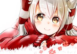 Rule 34 | 10s, 1girl, amatsukaze (kancolle), blush, brown eyes, closed mouth, eyebrows, flower, grass, hair tubes, kantai collection, long hair, long sleeves, looking at viewer, nez n, on ground, red sweater, shade, silver hair, simple background, sketch, sleeves past wrists, smile, solo, sweater, two side up, upper body, white background