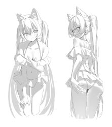 Rule 34 | 1girl, animal ears, annoyed, ass, bikini, blue archive, blush, breasts, cat ears, closed mouth, cropped legs, frilled bikini, frills, greyscale, hand on own chest, hands on own ass, highres, leaning forward, long hair, looking at viewer, monochrome, multiple views, navel, open mouth, serika (blue archive), serika (swimsuit) (blue archive), simple background, sketch, small breasts, solo focus, swimsuit, twintails, xintianou