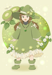 Rule 34 | 1girl, arms at sides, bisco teitei, brown hair, circle, food, food-themed clothes, food-themed hat ornament, frills, fruit, full body, green circle, green eyes, green footwear, green hat, green robe, hat, hat ornament, highres, jewelry, kiwi (fruit), kiwi slice, long hair, looking at viewer, low twintails, necklace, open mouth, original, robe, sidelocks, simple background, smile, solo, standing, straight-on, twintails, white background, wizard, wizard hat