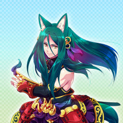 Rule 34 | animal ear fluff, animal ears, bare shoulders, black shirt, black sleeves, blue background, checkered background, closed mouth, copyright request, detached sleeves, gradient background, green background, green hair, hair between eyes, kanikame, long hair, long sleeves, parted bangs, purple hair, red eyes, shirt, sleeveless, sleeveless shirt, smile, tail, very long hair